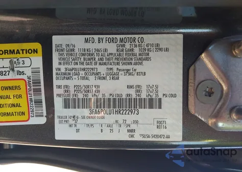 2017 Ford Fusion Hybrid Se from USA, damaged, VIN 3FA6P0LU1HR222973